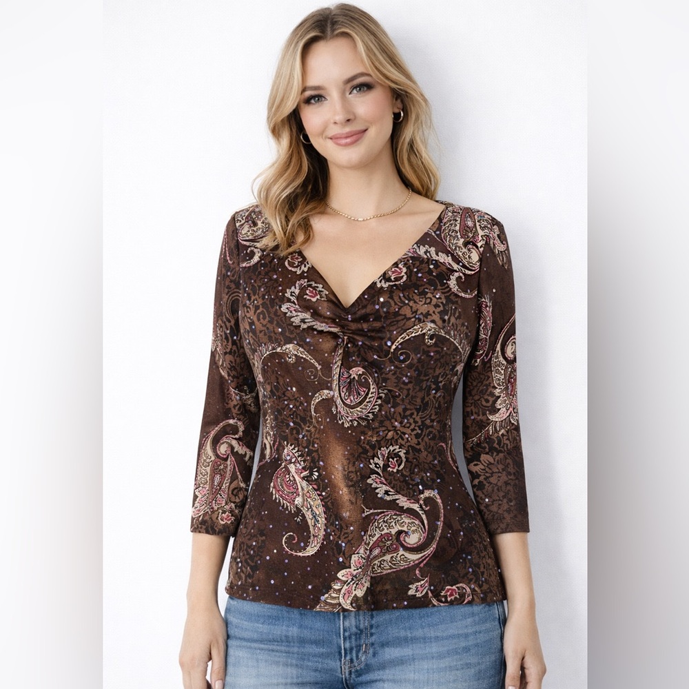 Vintage Y2K Paisley Ruched V-Neck Top Brown Pink Sparkle Sheer Stretch Boho